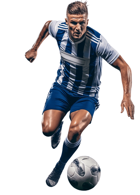 Football player in a white and blue striped jersey jumping mid-air with a soccer ball.